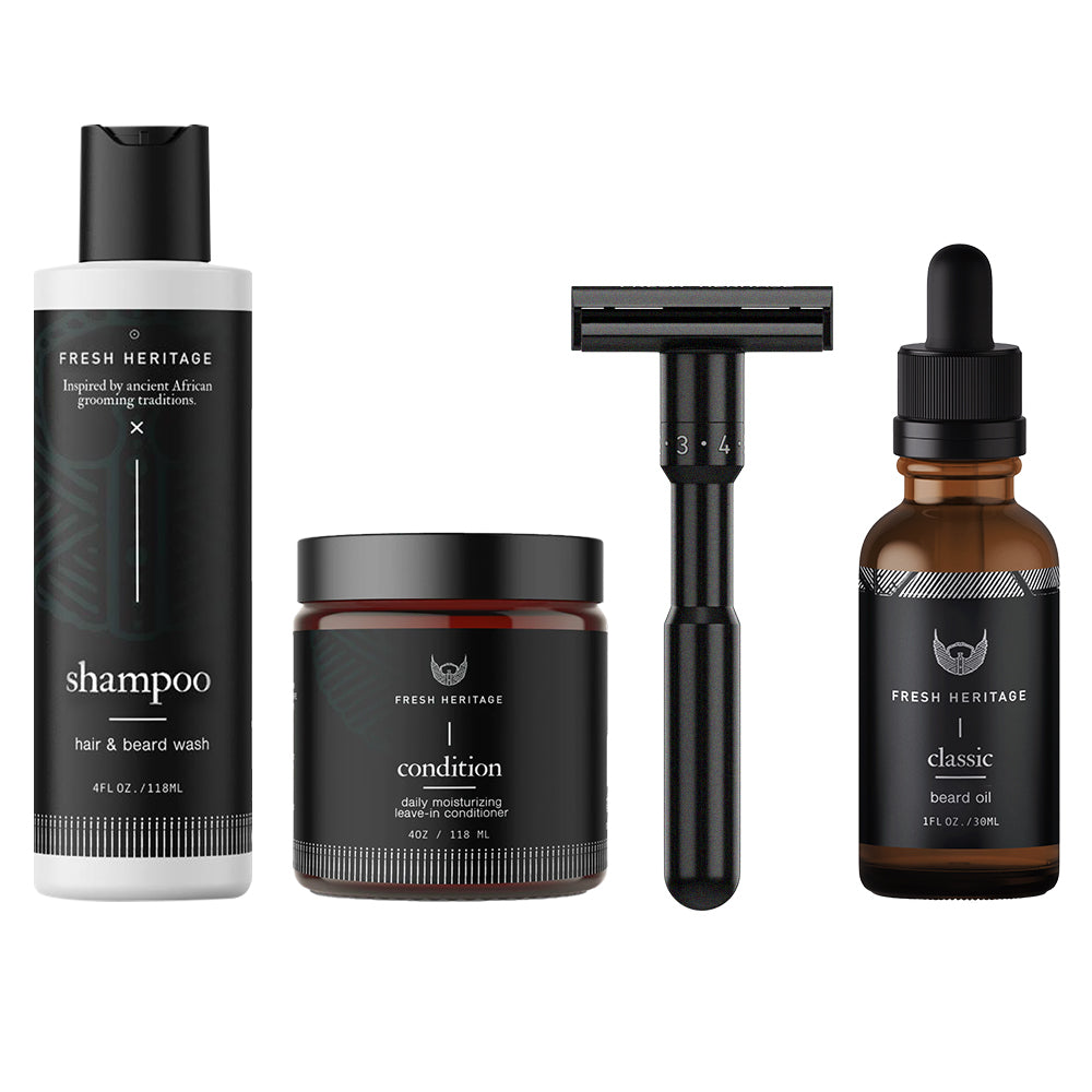 Beard Shaving Bundle - Beard Oil + Beard Wash + Conditioner + Double Edge Razor