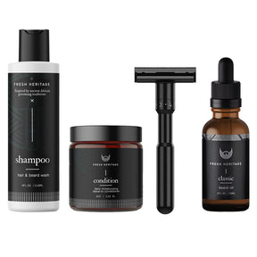 Beard Shaving Bundle - Beard Oil + Beard Wash + Conditioner + Double Edge Razor